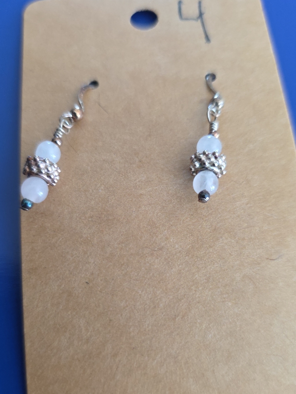 Delicate White  Moonstone Or White Jade Bead Drop Earrings with Gold Accents